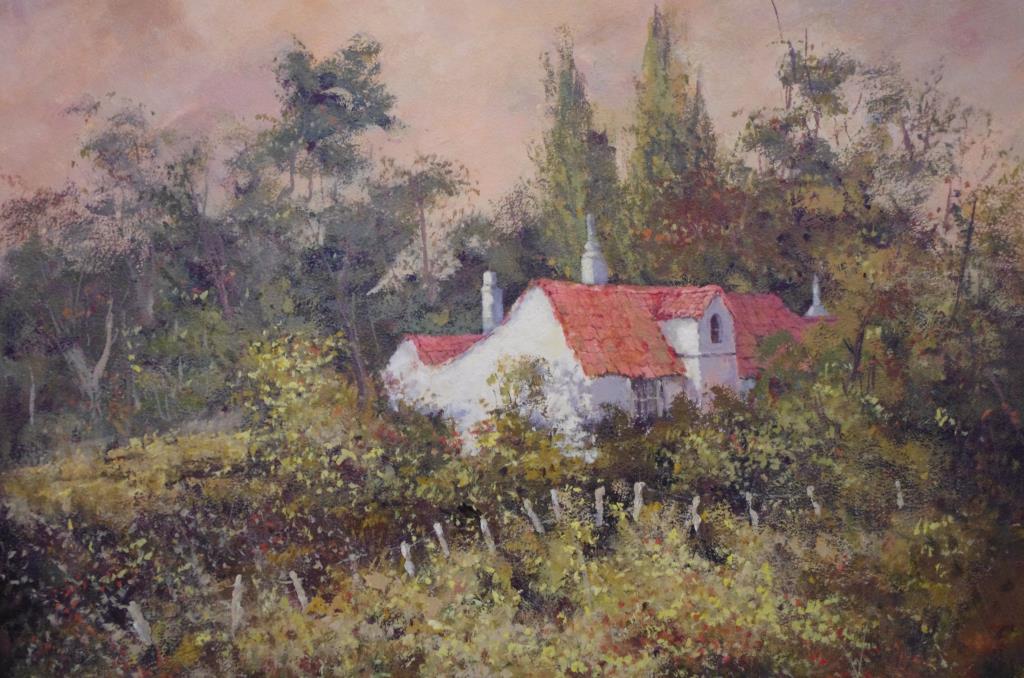 Thea Lokkers "Red Roof" oil on board signed lower right, 58cm X 73cm approx