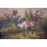 Thea Lokkers "Red Roof" oil on board signed lower right, 58cm X 73cm approx