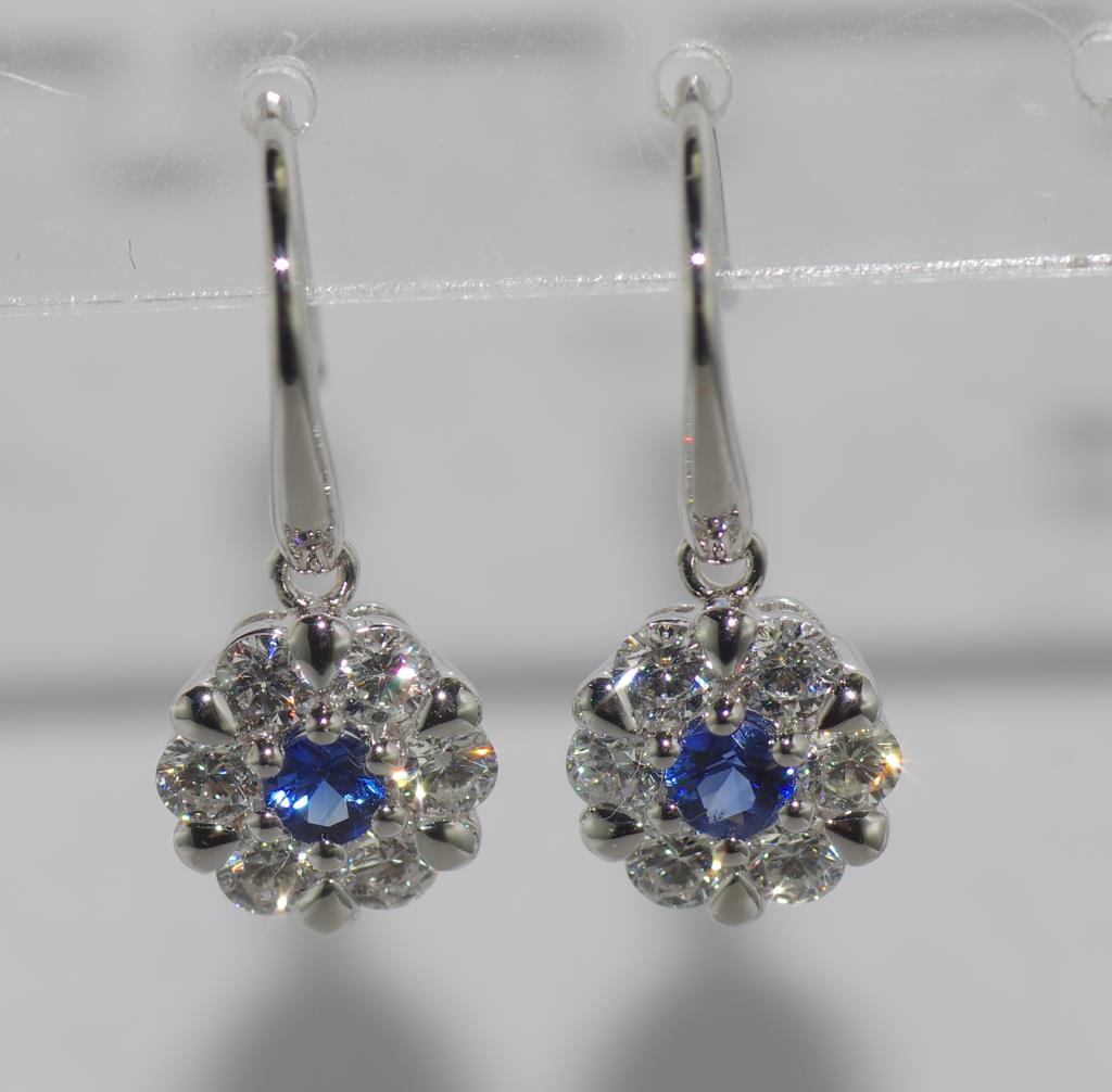 18ct white gold diamond cluster drop earrings comprising Ceylon sapphires and total 14 diamonds 12 = - Image 2 of 2