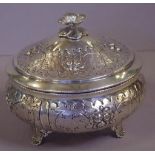 Sterling silver lidded pot on three shell feet stamped 925 , 475 grams approx