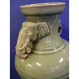 Large Celadon vase with figural elephant handles, 33cm high approx.