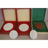 Five various Meissen medallions some in original cases, 8cm diameter (largest) approx.