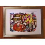 Artist unknown, framed pastel ' Interior with a bag ', signed lower right, 25 x 33cm approx