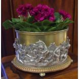 C19th brass & electroplate planter decorated with cherubs, dolphins & bullrushes, 22cm wide approx.