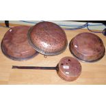 Four 19th century copper pans including a saucepan and strainer, 32.5cm diameter