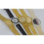 Five various fashion watches including watch marked "Gucci" together with a vintage vrooch