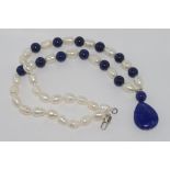 Pearl and lapis necklace with lapis drop size: approx 45cm length