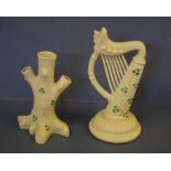 Belleek "Shamrock" harp figurine and a vase H21.5cm approx (tallest)