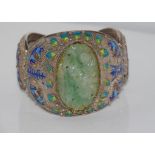 Chinese filigree silver bracelet with enamel and carved stone