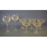 Five cut crystal hollow stem glasses together two cut crystal hock glasses