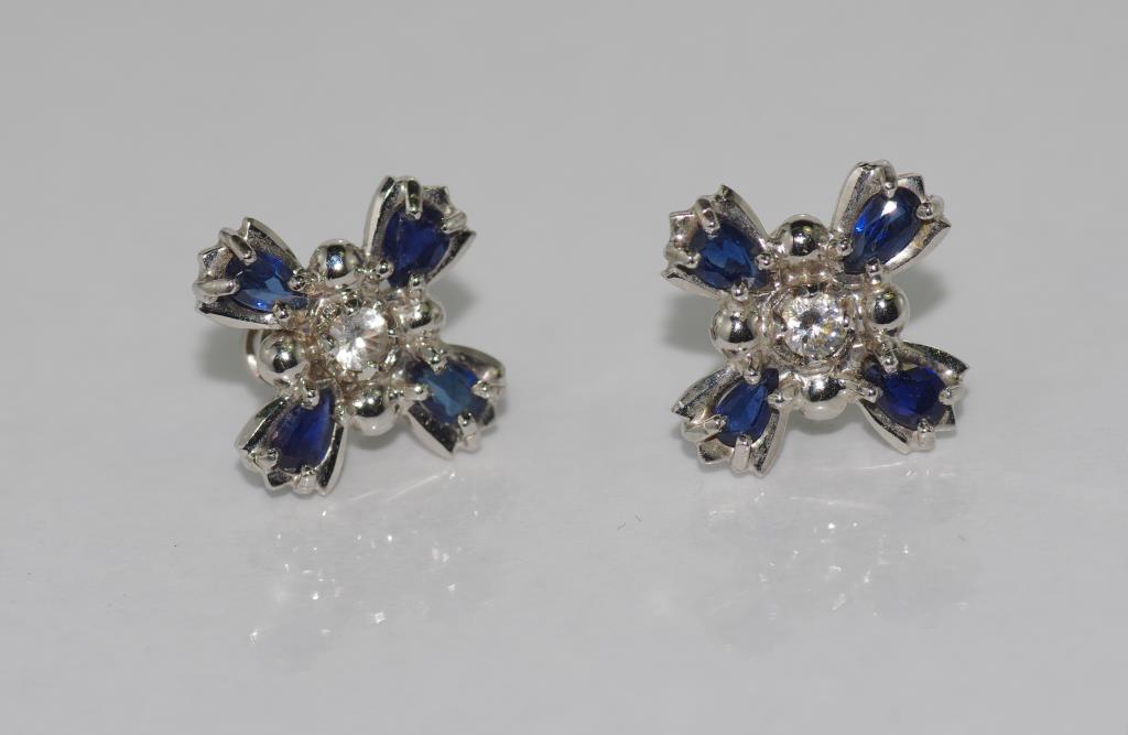9ct gold, blue stone earrings tested suggest created sapphire and CZ, weight: approx 4.3 grams
