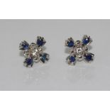 9ct gold, blue stone earrings tested suggest created sapphire and CZ, weight: approx 4.3 grams