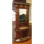 Antique French oak mirror back hallstand with drawer and marble shelf, one hook missing, 101cm wide,