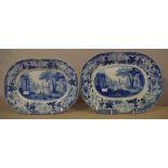 Two Wedgwood "Blue Claude" oval serving dishes circa 1820, transfer printed, 26.5cm and 29cm wide