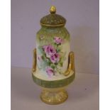 Austrian Amphora lidded vase with hand painted rose decoration and gilt trim, 31 cm high approx.