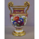 19th century Berlin type urn hand painted floral cartouche on puce ground, 25.5cm high