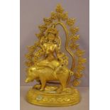 Tibetan gilt bronze white tara Buddha riding a pig (known as mother of liberation), H34.5cm approx