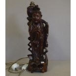 Chinese 1920s carved timber electric table lamp some minor cracking to body, 45cm high