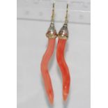 Long pink coral earrings with silver and 9ct gold cap and 9ct gold hooks