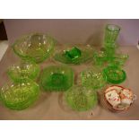 Collection of green depression glass pieces including dessert set, vases & dishes together with a