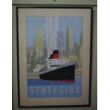 Cunard framed ocean liner poster promoting Queen Mary, 102cm x 75cm (frame)