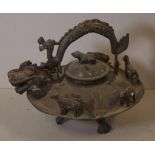 Vintage Chinese metal figural teapot on three feet, with dragon handle spout & handle