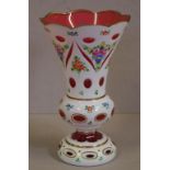 Bohemian hand painted floral & gilt glass vase white cut to cranberry, H21.5cm approx