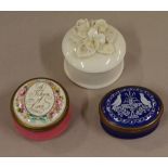 Two Bilston and Battersea enamel boxes together with a Royal Crown Staffordshire floral top
