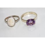 Two various silver rings cameo and amethyst