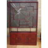 Chinese rosewood open display case with 4 carved timber panel doors, divides into to parts for