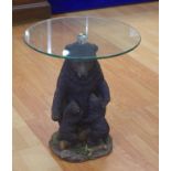 Round glass top lamp table with bear & cubs form base, 50cm diameter, 58cm high approx