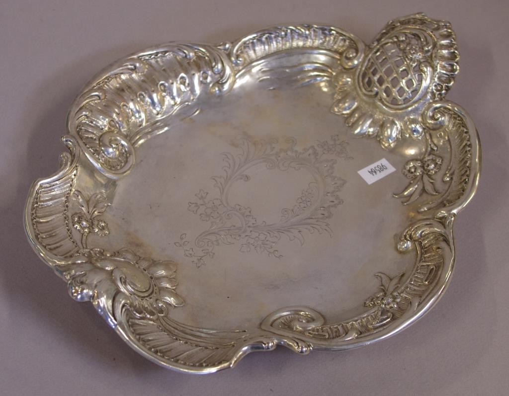 Austrian silver tray on four ball feet quality 800 silver, with elaborate in relief decoration,