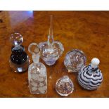 Five art glass perfume bottles ( one without stopper), together with a glass paperweight, H15cm