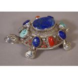 Bejewelled silver turtle pill box 9.5cm long approx.