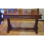 Colonial cedar hall table with 2 drawers and tapered column ends joined by a platform base, 121cm