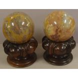 Pair of desk garnitures marble balls on William IV carved rosewood socles