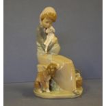 Lladro seated girl with lamb and dog figurine 22cm high