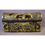 Carved Eastern timber casket 14cm x 49cm, 26cm high approx.