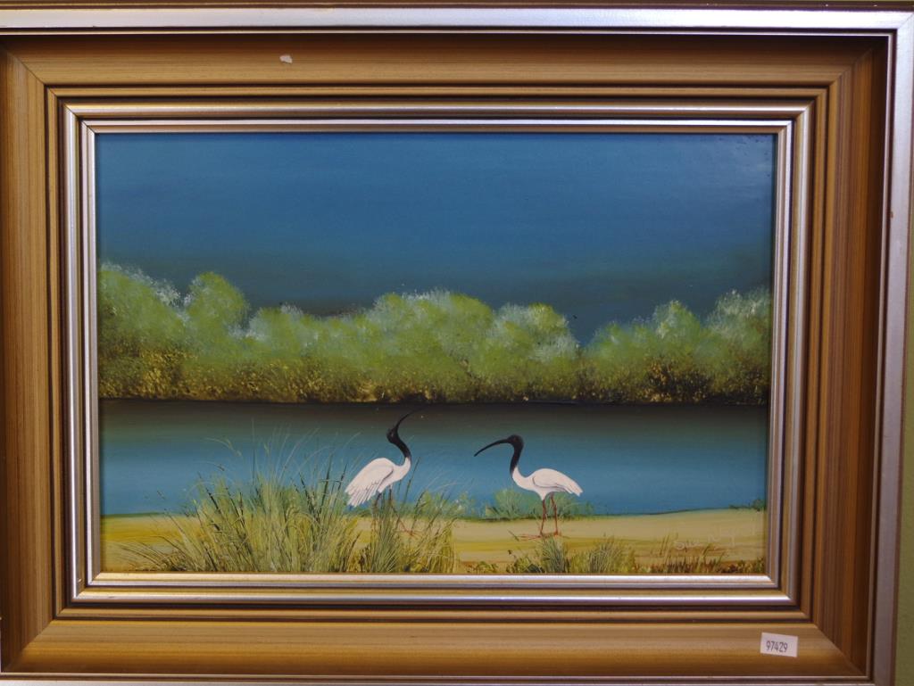 Sue Nagel Australia, 1942- "water birds" oil on board, signed lower right, 24cm X 36cm approx - Image 2 of 3