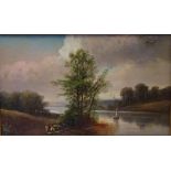 C19th English school, river scene oil on board, 18.5cm x 30cm approx.