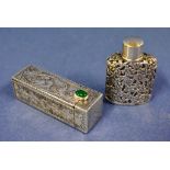 Small silver encased scent bottle 4.5cm high approx., & a Italian ''800' silver lipstick case