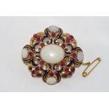 14ct yellow gold, enamel, opal & red stone brooch with safety chain. Could also be worn as a