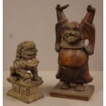 Vintage Chinese carved timber dog of foo together with a Chinese carved timber happy Buddha (A/F),