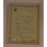 Framed letter signed by Edward Heath 21.5cm x 16.5cm approx . Sir Edward Richard George Heath, KG,