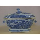 19th century Chinese export porcelain tureen with cover, blue & white decorated with figural handles