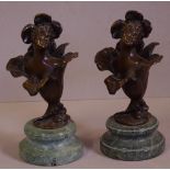 Two French bronze lady bust figurines on marble bases, H23cm approx