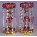 Pair of Bohemian ruby flash and gilt lustres H22cm approx