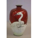 Japanese Meiji period fine cloisonne vase with raised enamel bird decoration, some cracks and