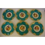 Set of 6 English fruit / dessert plates each individually hand painted on a turquoise ground,