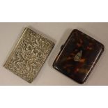 Ornate sterling silver card case 10cm x 7.5cm approx together with a tortoise shell cigarette